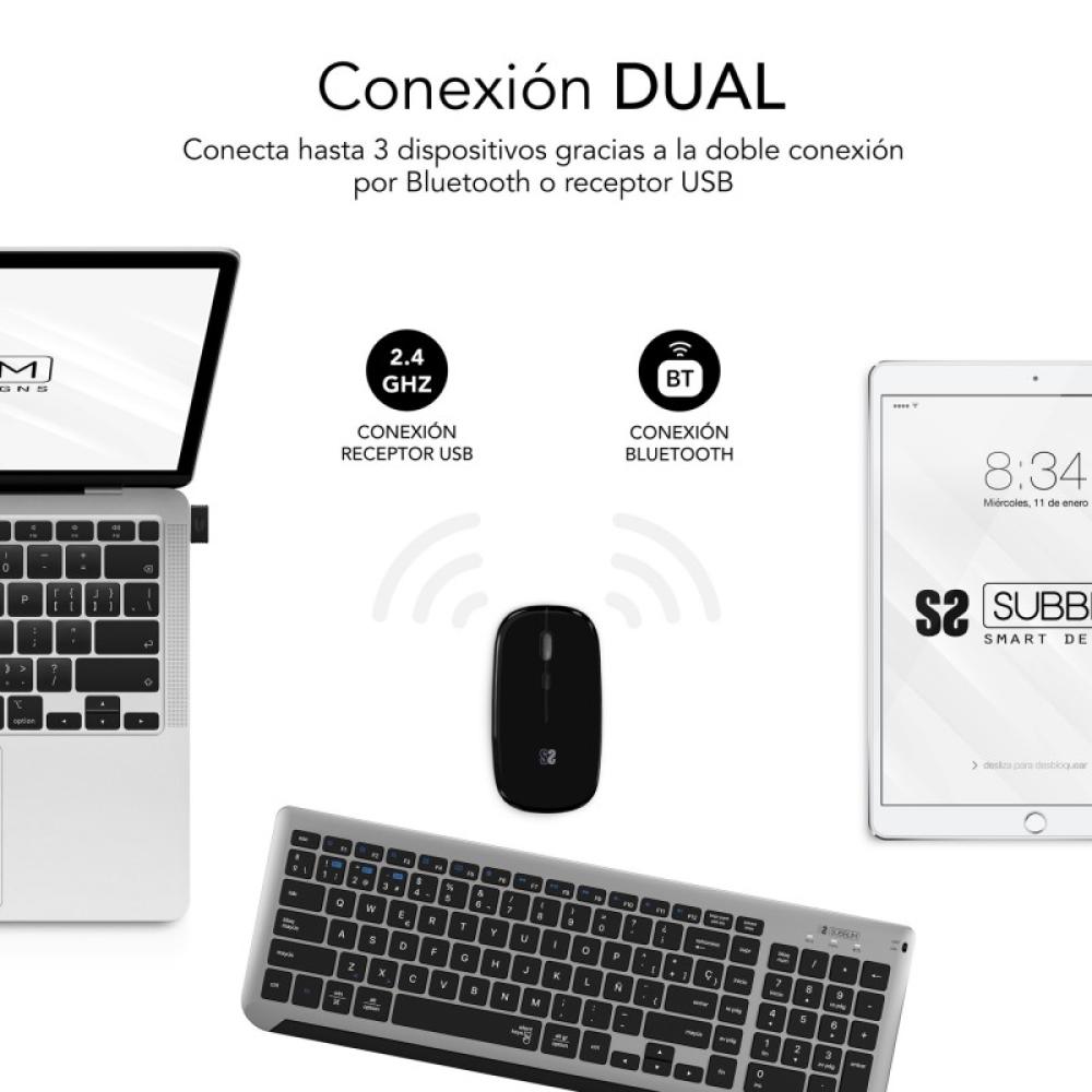 SUBBLIM - Teclado con Ratón Bluetooth + 2.4G Combo Dual Prestige Extendido Gris/Negro