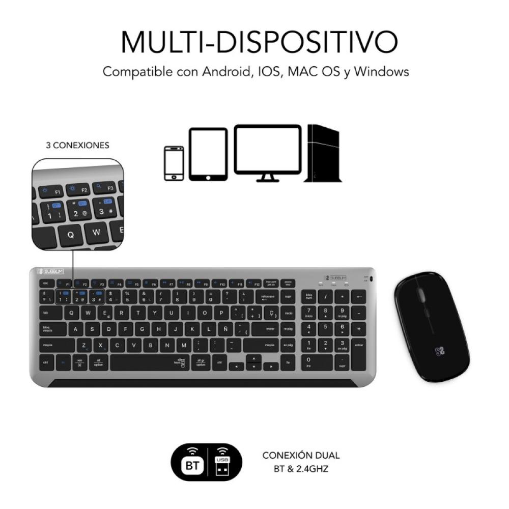 SUBBLIM - Teclado con Ratón Bluetooth + 2.4G Combo Dual Prestige Extendido Gris/Negro
