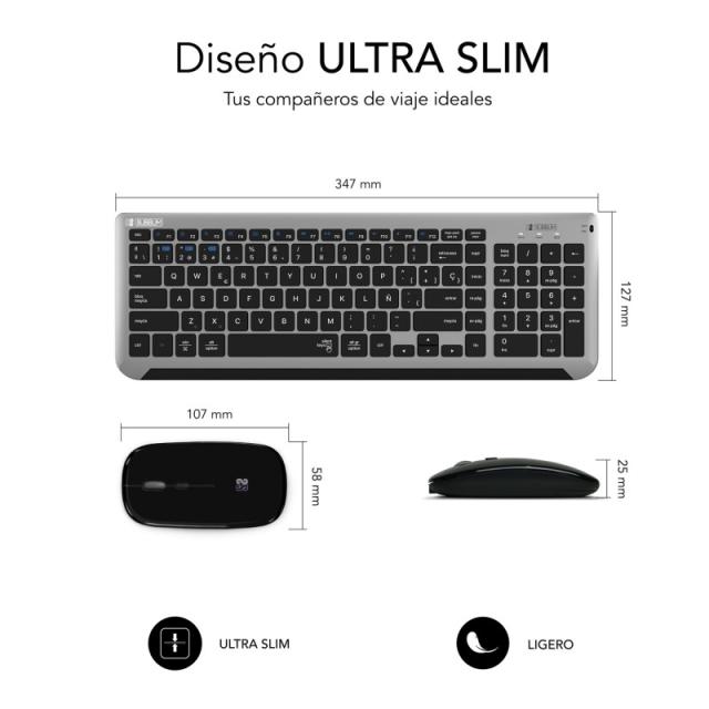 SUBBLIM - Teclado con Ratón Bluetooth + 2.4G Combo Dual Prestige Extendido Gris/Negro