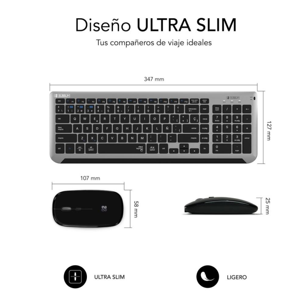 SUBBLIM - Teclado con Ratón Bluetooth + 2.4G Combo Dual Prestige Extendido Gris/Negro