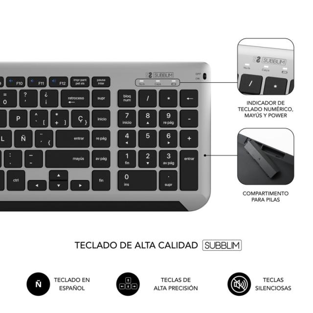 SUBBLIM - Teclado con Ratón Bluetooth + 2.4G Combo Dual Prestige Extendido Gris/Negro