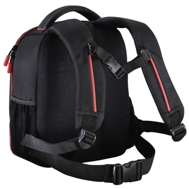 Hama - Mochila para equipo fotográfico, Funda tipo mochila para cámara réflex, compartimientos extraíbles, color negro y rojo