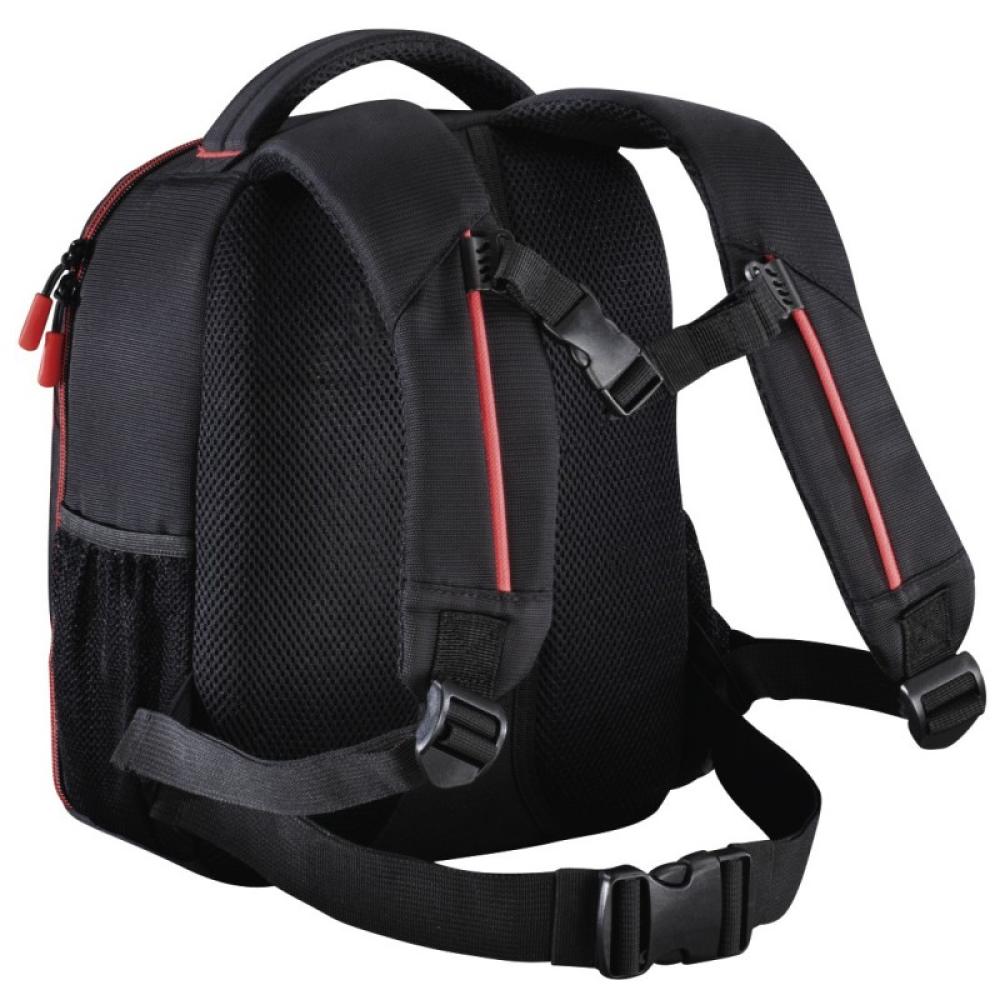 Hama - Mochila para equipo fotográfico, Funda tipo mochila para cámara réflex, compartimientos extraíbles, color negro y rojo