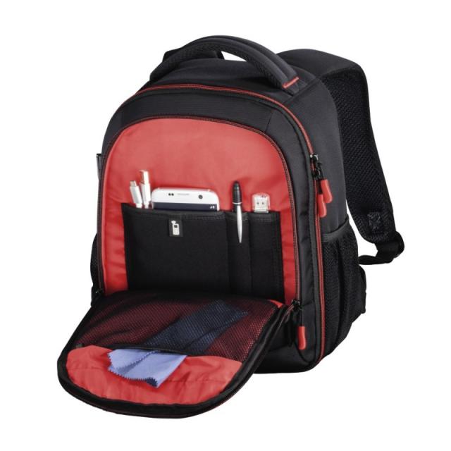Hama - Mochila para equipo fotográfico, Funda tipo mochila para cámara réflex, compartimientos extraíbles, color negro y rojo