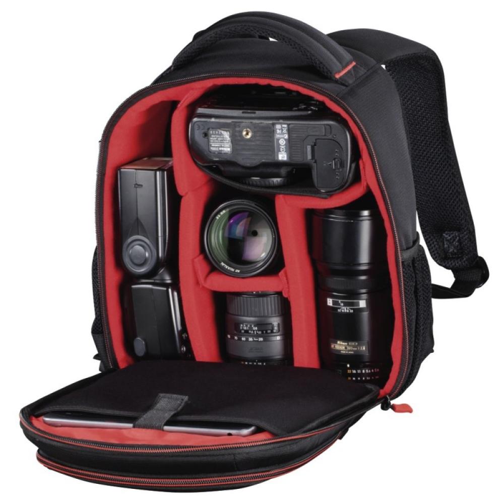 Hama - Mochila para equipo fotográfico, Funda tipo mochila para cámara réflex, compartimientos extraíbles, color negro y rojo