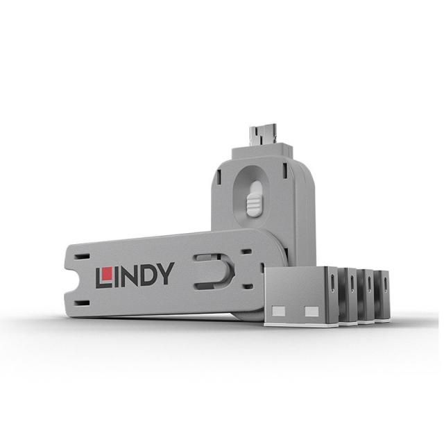 Lindy - 40454 bloqueador de puerto Bloqueador de puerto + clave USB tipo A Blanco Acrilonitrilo butadieno estireno (ABS) 5 pieza