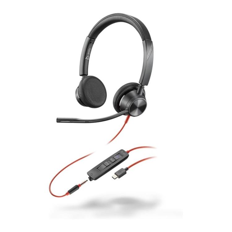 HP Poly - Auriculares estéreo Poly Blackwire 3325 con certificación Microsoft Teams USB-C + Conector de 3,5 mm + Adaptador USB-C