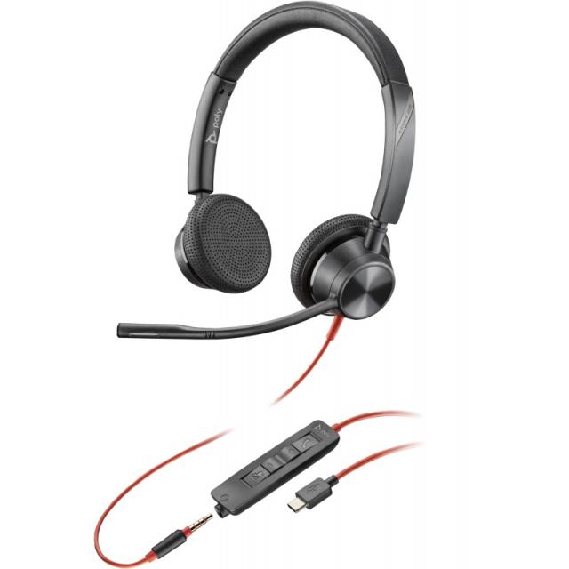 HP Poly - Auriculares estéreo Poly Blackwire 3325 USB-C + Conector de 3,5 mm + Adaptador USB-C/A