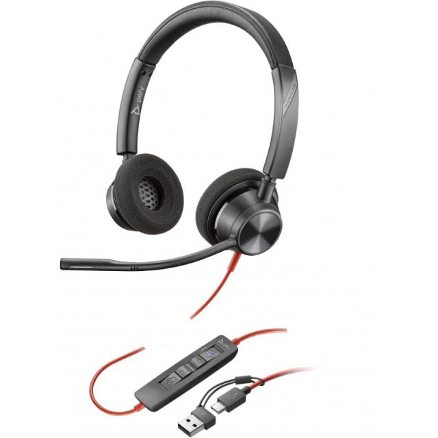 HP Poly - Auriculares estéreo Poly Blackwire 3320 con certificación Microsoft Teams USB-C + Adaptador USB-C/A