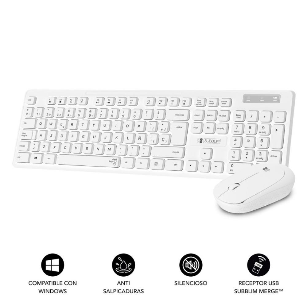 SUBBLIM - Teclado Ergonómico y ratón Combo Business Slim Silencioso Inalámbrico 2.4G Blanco