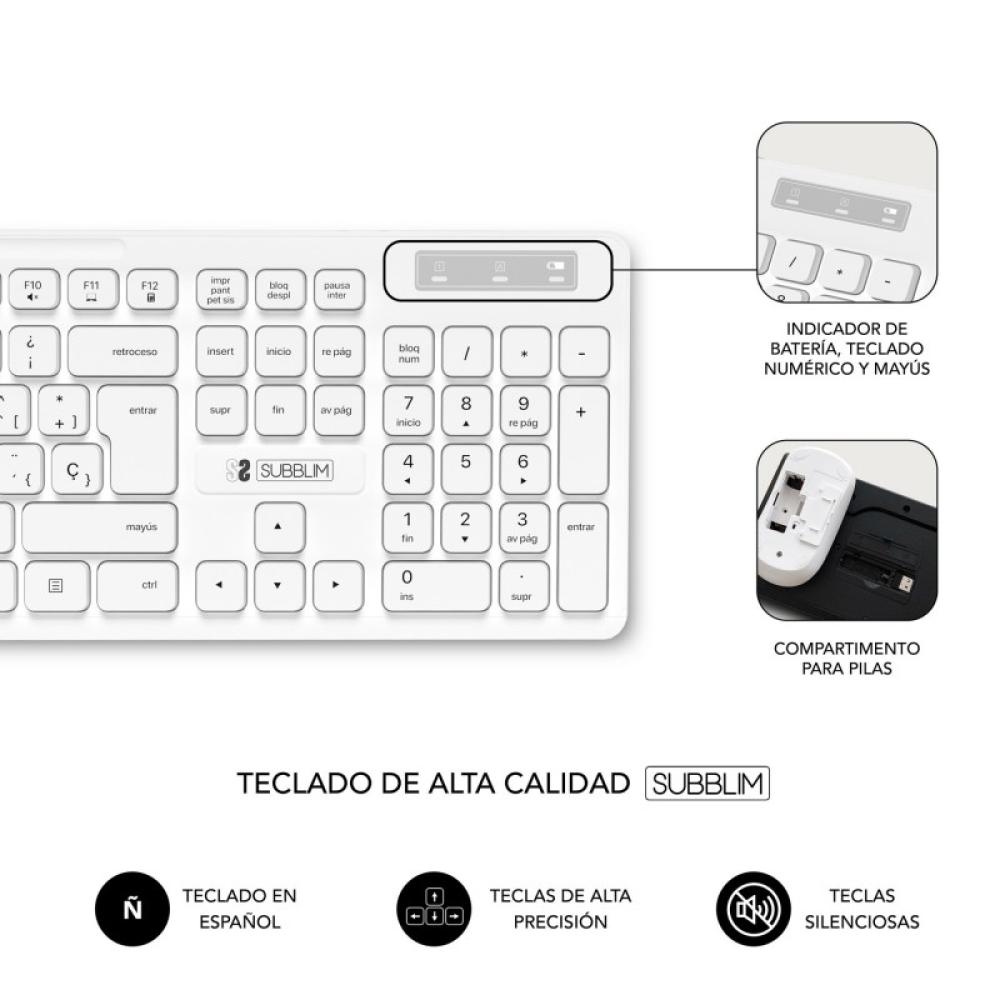 SUBBLIM - Teclado Ergonómico y ratón Combo Business Slim Silencioso Inalámbrico 2.4G Blanco