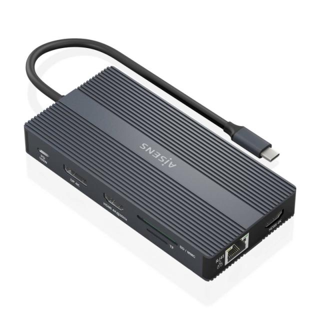 AISENS - USB-C Dock 12 En 1, USB-C a 2xHDMI, 1xDisplayport, 1xRJ45, 4xUSB-A, 1xUSB-C, 1xUSB-C PD, 1xSD, 1xMicro SD, Gris, 20cm