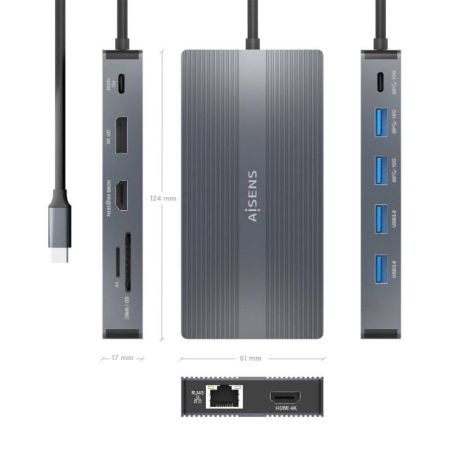 AISENS - USB-C Dock 12 En 1, USB-C a 2xHDMI, 1xDisplayport, 1xRJ45, 4xUSB-A, 1xUSB-C, 1xUSB-C PD, 1xSD, 1xMicro SD, Gris, 20cm