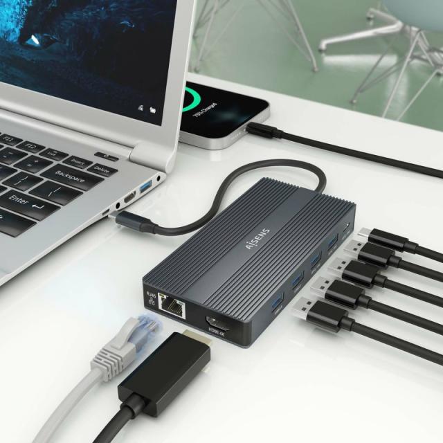 AISENS - USB-C Dock 12 En 1, USB-C a 2xHDMI, 1xDisplayport, 1xRJ45, 4xUSB-A, 1xUSB-C, 1xUSB-C PD, 1xSD, 1xMicro SD, Gris, 20cm