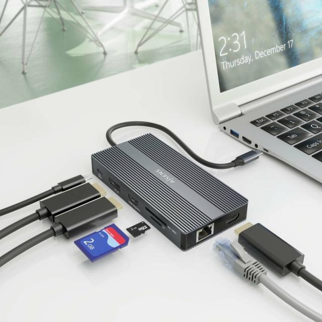 AISENS - USB-C Dock 12 En 1, USB-C a 2xHDMI, 1xDisplayport, 1xRJ45, 4xUSB-A, 1xUSB-C, 1xUSB-C PD, 1xSD, 1xMicro SD, Gris, 20cm