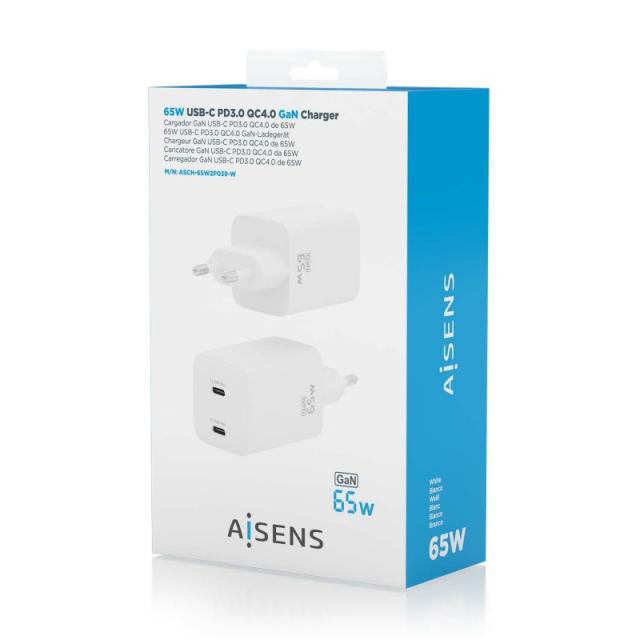 AISENS - Cargador Gan 65W, 2xUSB-C PD3.0 QD4.0, Blanco