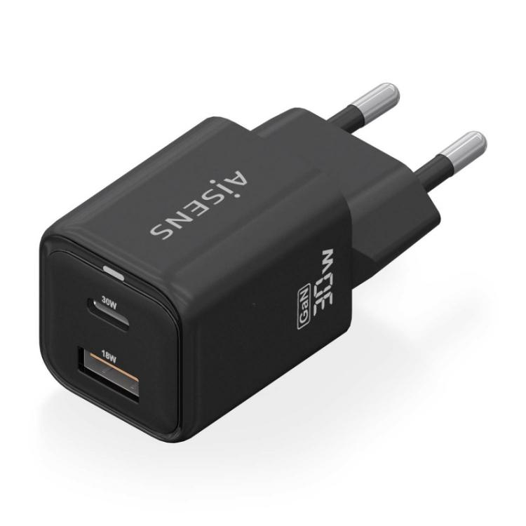 AISENS - Cargador Gan 30W, 1xUSB-C PD3.0 QC4.0, 1xUSB-A QC3.0, Negro - ASCH-30W2P021-BK