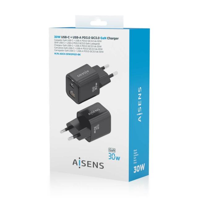 AISENS - Cargador Gan 30W, 1xUSB-C PD3.0 QC4.0, 1xUSB-A QC3.0, Negro - ASCH-30W2P021-BK