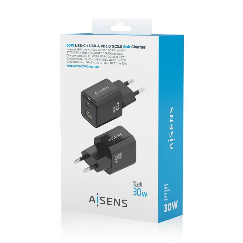 AISENS - Cargador Gan 30W, 1xUSB-C PD3.0 QC4.0, 1xUSB-A QC3.0, Negro - ASCH-30W2P021-BK