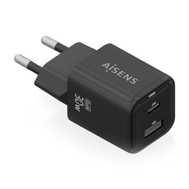 AISENS - Cargador Gan 30W, 1xUSB-C PD3.0 QC4.0, 1xUSB-A QC3.0, Negro - ASCH-30W2P021-BK
