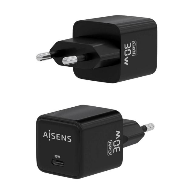 AISENS - Cargador Gan 30W, 1xUSB-C PD3.0 QD4.0, Negro - ASCH-30W1P036-BK