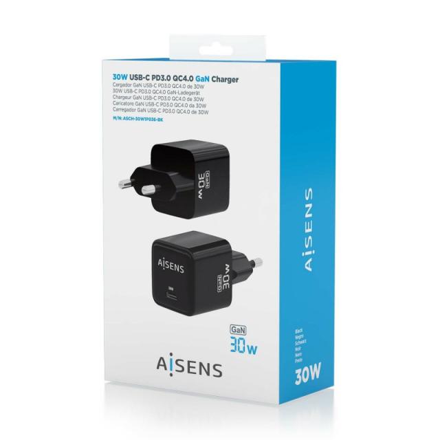 AISENS - Cargador Gan 30W, 1xUSB-C PD3.0 QD4.0, Negro - ASCH-30W1P036-BK