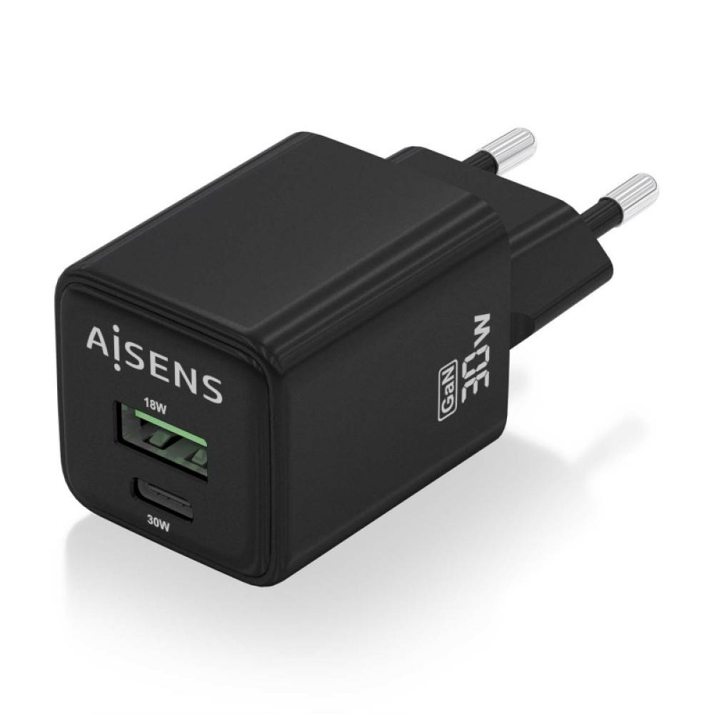 AISENS - Cargador Gan 30W, 1xUSB-C PD3.0 QC4.0, 1xUSB-A QC3.0, Negro - ASCH-30W2P038-BK