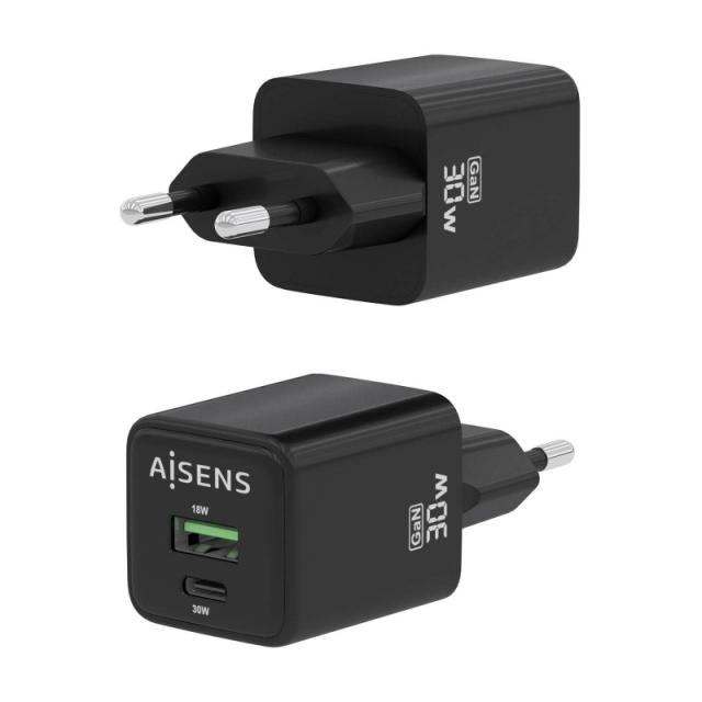 AISENS - Cargador Gan 30W, 1xUSB-C PD3.0 QC4.0, 1xUSB-A QC3.0, Negro - ASCH-30W2P038-BK