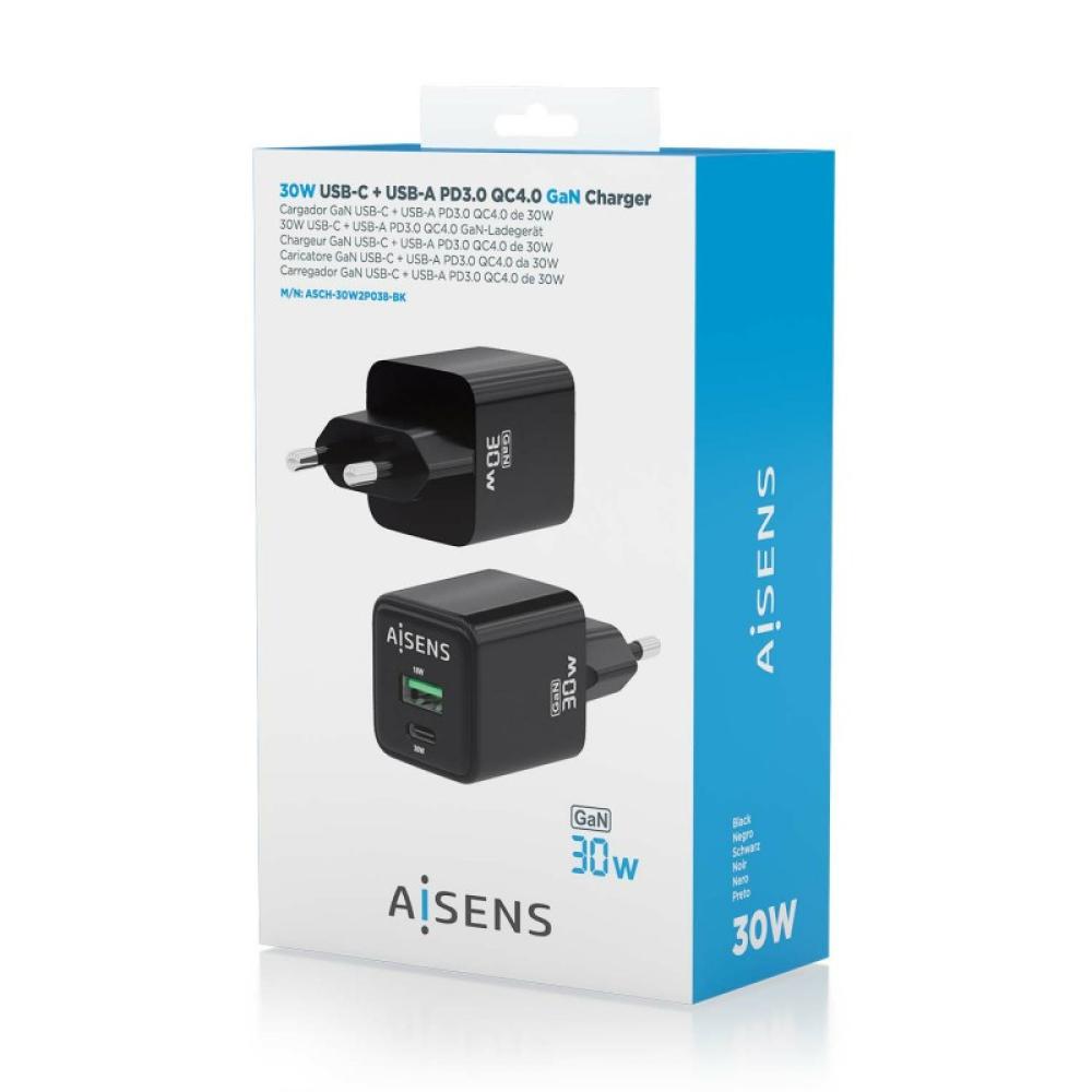 AISENS - Cargador Gan 30W, 1xUSB-C PD3.0 QC4.0, 1xUSB-A QC3.0, Negro - ASCH-30W2P038-BK