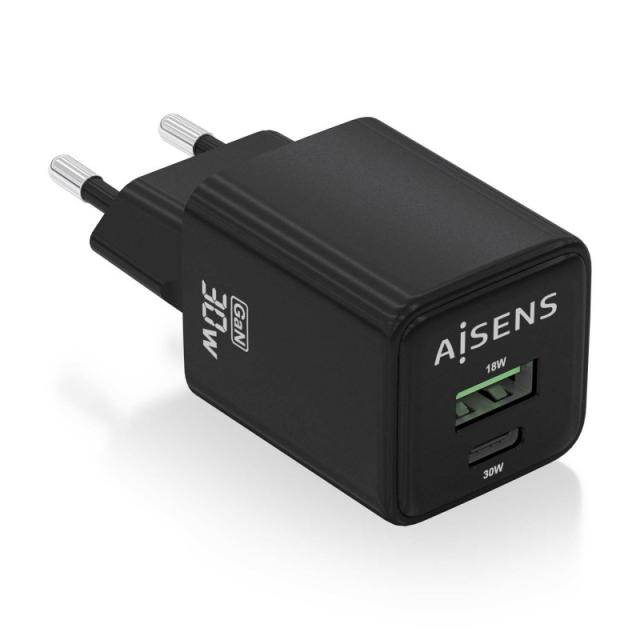 AISENS - Cargador Gan 30W, 1xUSB-C PD3.0 QC4.0, 1xUSB-A QC3.0, Negro - ASCH-30W2P038-BK