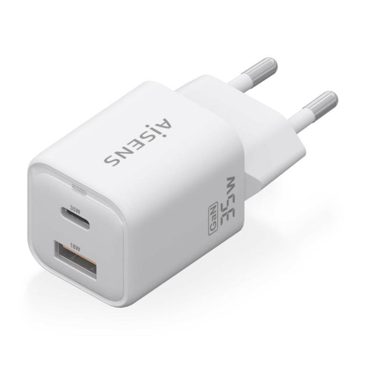 AISENS - Cargador Gan 35W, 1xUSB-C PD3.0 QC4.0, 1xUSB-A QC3.0, Blanco
