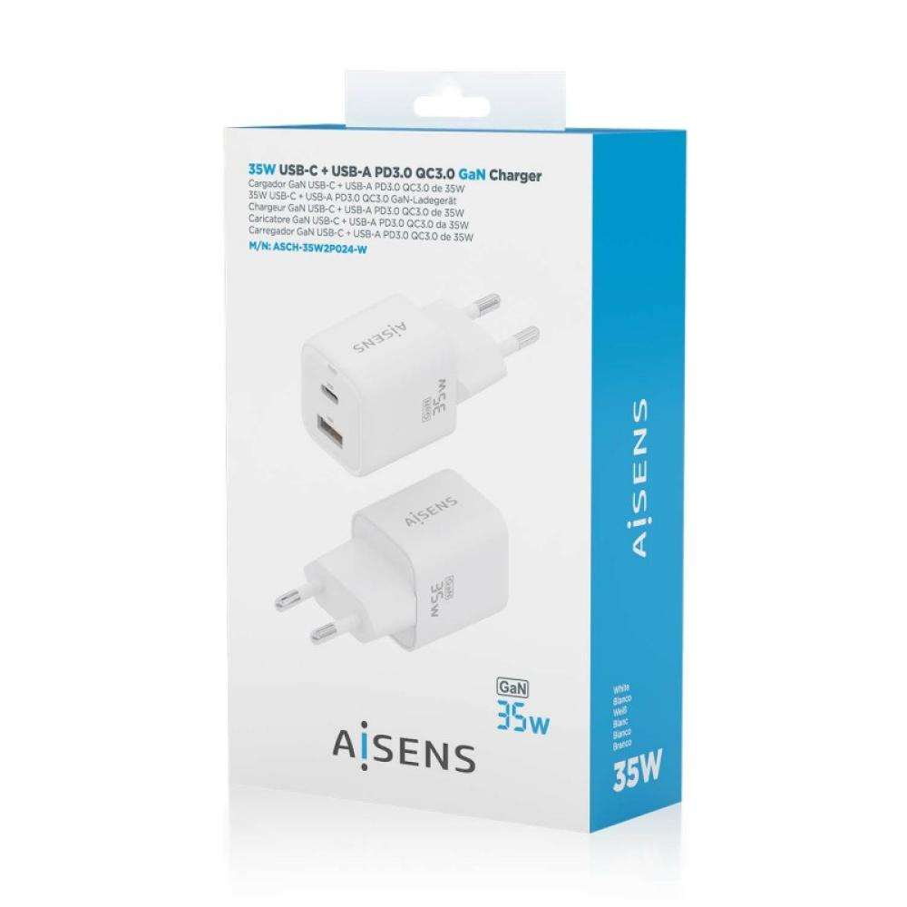 AISENS - Cargador Gan 35W, 1xUSB-C PD3.0 QC4.0, 1xUSB-A QC3.0, Blanco