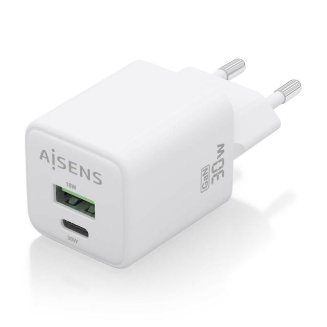 AISENS - Cargador Gan 30W, 1xUSB-C PD3.0 QC4.0, 1xUSB-A QC3.0, Blanco - ASCH-30W2P037-W