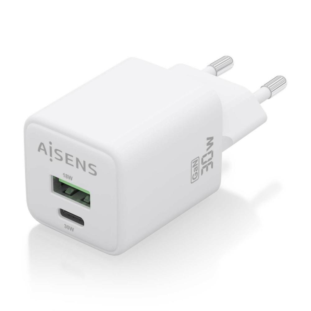 AISENS - Cargador Gan 30W, 1xUSB-C PD3.0 QC4.0, 1xUSB-A QC3.0, Blanco - ASCH-30W2P037-W