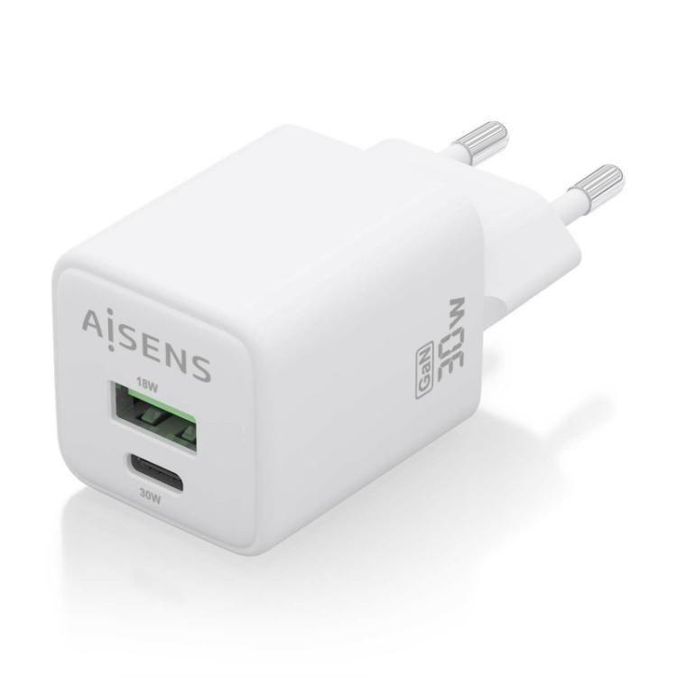 AISENS - Cargador Gan 30W, 1xUSB-C PD3.0 QC4.0, 1xUSB-A QC3.0, Blanco - ASCH-30W2P037-W