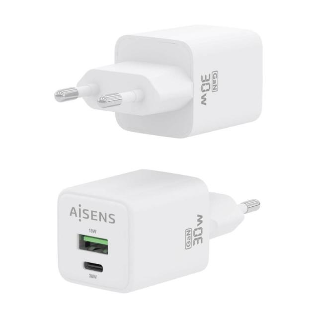 AISENS - Cargador Gan 30W, 1xUSB-C PD3.0 QC4.0, 1xUSB-A QC3.0, Blanco - ASCH-30W2P037-W