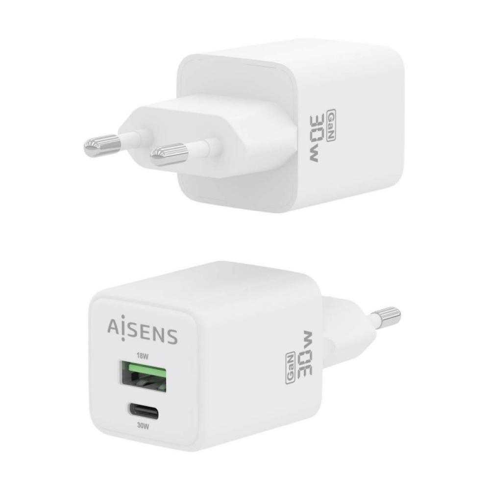 AISENS - Cargador Gan 30W, 1xUSB-C PD3.0 QC4.0, 1xUSB-A QC3.0, Blanco - ASCH-30W2P037-W