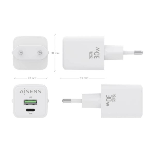 AISENS - Cargador Gan 30W, 1xUSB-C PD3.0 QC4.0, 1xUSB-A QC3.0, Blanco - ASCH-30W2P037-W