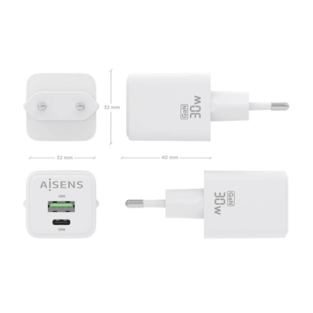 AISENS - Cargador Gan 30W, 1xUSB-C PD3.0 QC4.0, 1xUSB-A QC3.0, Blanco - ASCH-30W2P037-W
