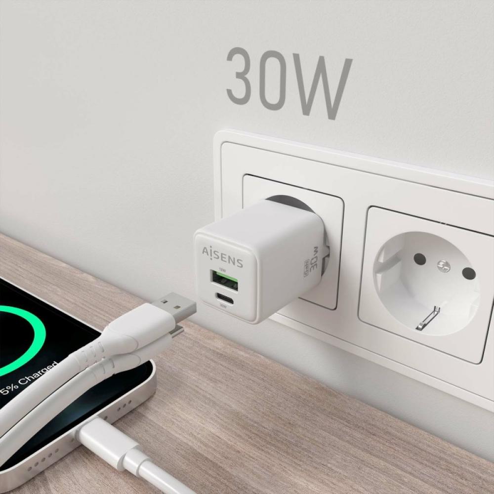 AISENS - Cargador Gan 30W, 1xUSB-C PD3.0 QC4.0, 1xUSB-A QC3.0, Blanco - ASCH-30W2P037-W