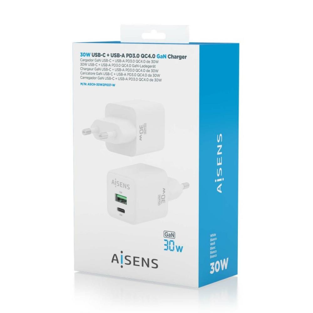 AISENS - Cargador Gan 30W, 1xUSB-C PD3.0 QC4.0, 1xUSB-A QC3.0, Blanco - ASCH-30W2P037-W
