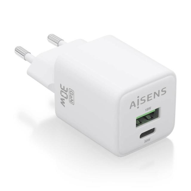 AISENS - Cargador Gan 30W, 1xUSB-C PD3.0 QC4.0, 1xUSB-A QC3.0, Blanco - ASCH-30W2P037-W