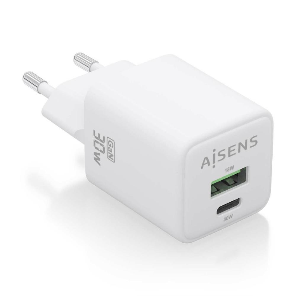 AISENS - Cargador Gan 30W, 1xUSB-C PD3.0 QC4.0, 1xUSB-A QC3.0, Blanco - ASCH-30W2P037-W
