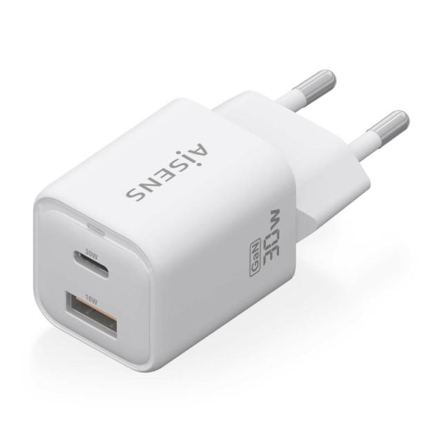 AISENS - Cargador Gan 30W, 1xUSB-C PD3.0 QC4.0, 1xUSB-A QC3.0, Blanco - ASCH-30W2P020-W