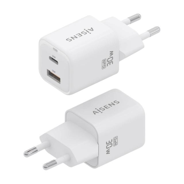 AISENS - Cargador Gan 30W, 1xUSB-C PD3.0 QC4.0, 1xUSB-A QC3.0, Blanco - ASCH-30W2P020-W