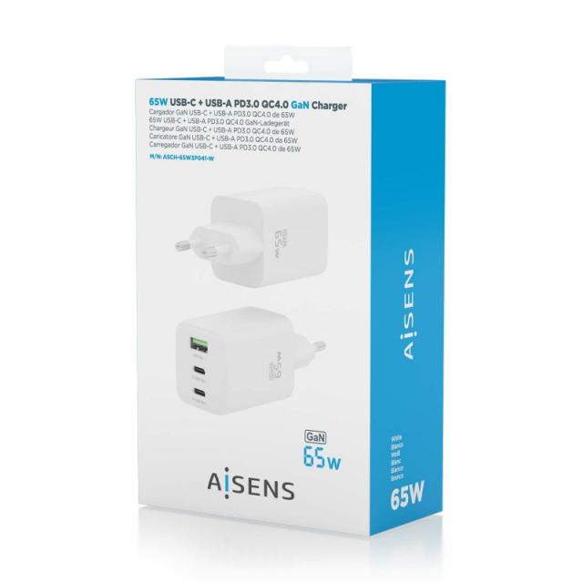 AISENS - Cargador Gan 65W, 2xUSB-C PD3.0 QC4.0, 1xUSB-A QC3.0, Blanco - ASCH-65W3P041-W