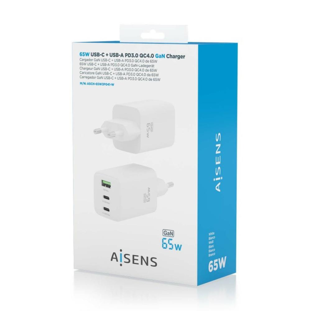 AISENS - Cargador Gan 65W, 2xUSB-C PD3.0 QC4.0, 1xUSB-A QC3.0, Blanco - ASCH-65W3P041-W