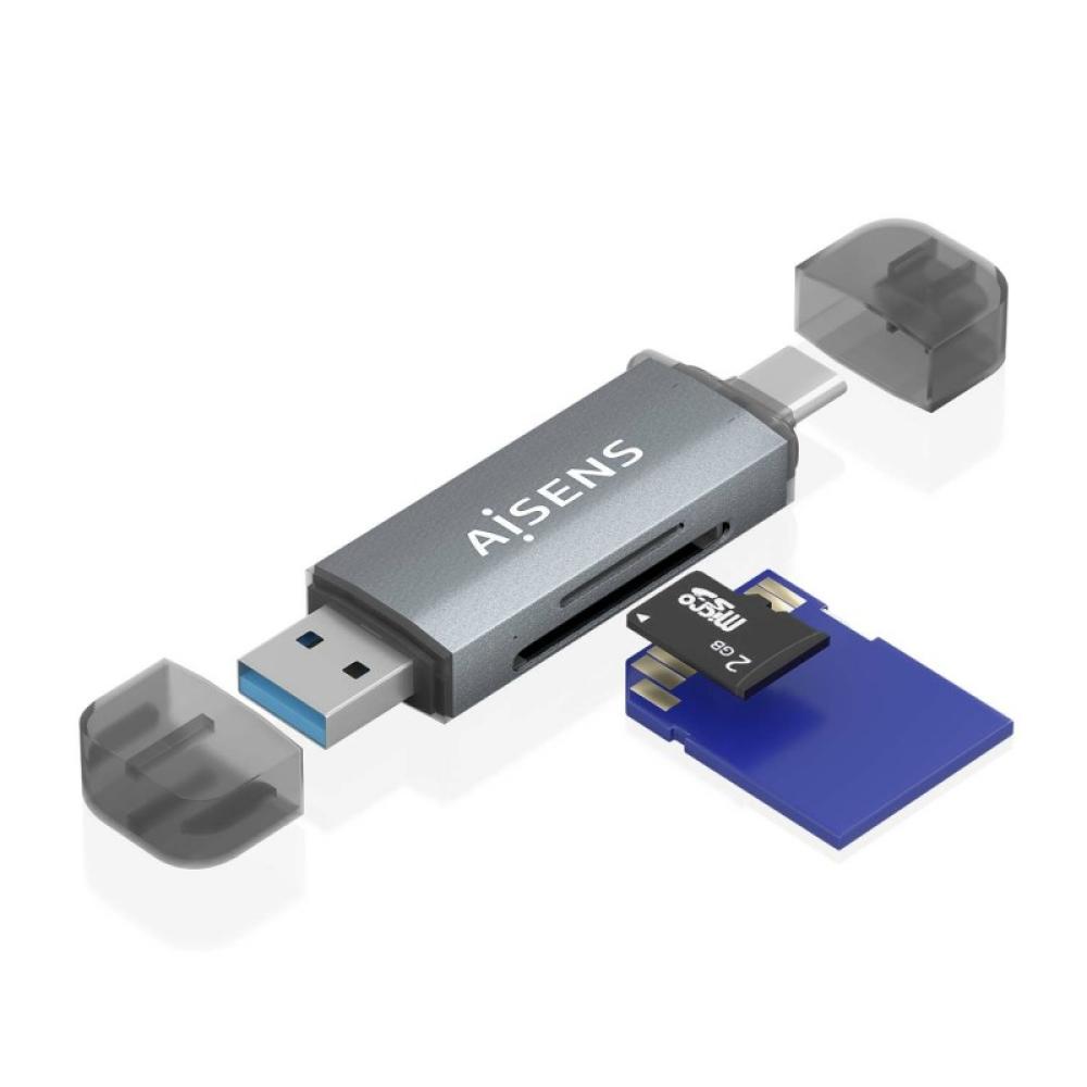 AISENS - Lector de Tarjetas SD, Micro SD, MMC, RS-MMC, MMC Micro, USB-A y USB-C, Gris - ASCR-2AC08-GR