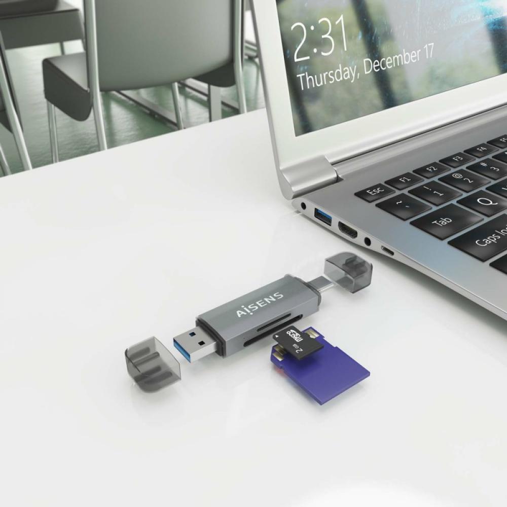 AISENS - Lector de Tarjetas SD, Micro SD, MMC, RS-MMC, MMC Micro, USB-A y USB-C, Gris - ASCR-2AC08-GR