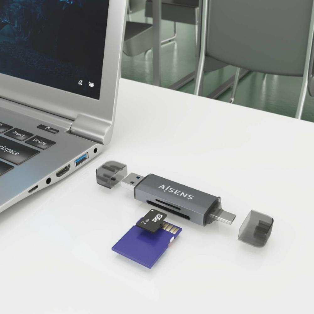 AISENS - Lector de Tarjetas SD, Micro SD, MMC, RS-MMC, MMC Micro, USB-A y USB-C, Gris - ASCR-2AC08-GR